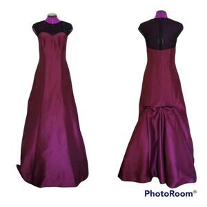 Monique lhuillier Burgundy Beaded Mesh Bodice Gown with Train